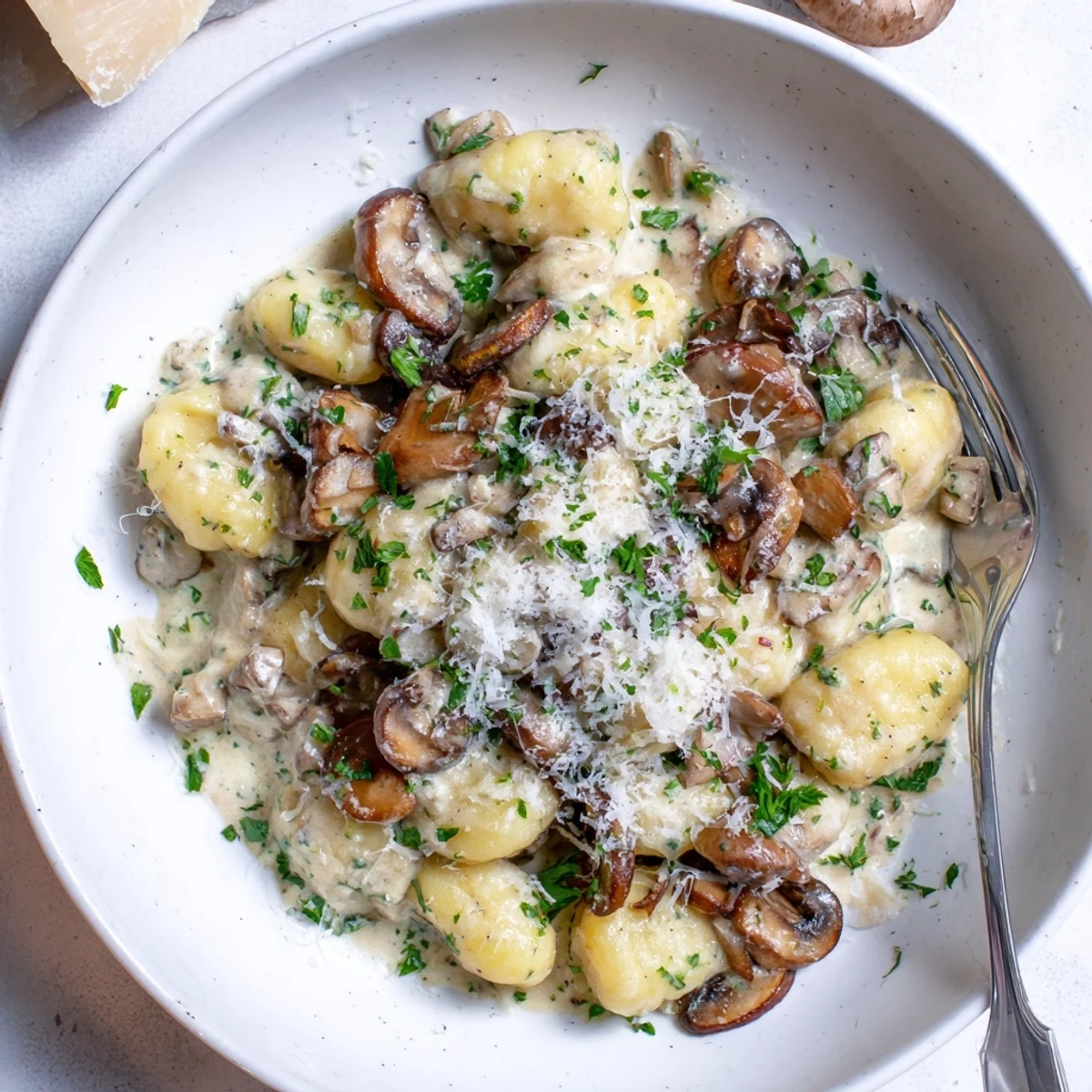 Pillowy potato gnocchi tossed with sautéed cremini mushrooms in a velvety Parmesan cream sauce