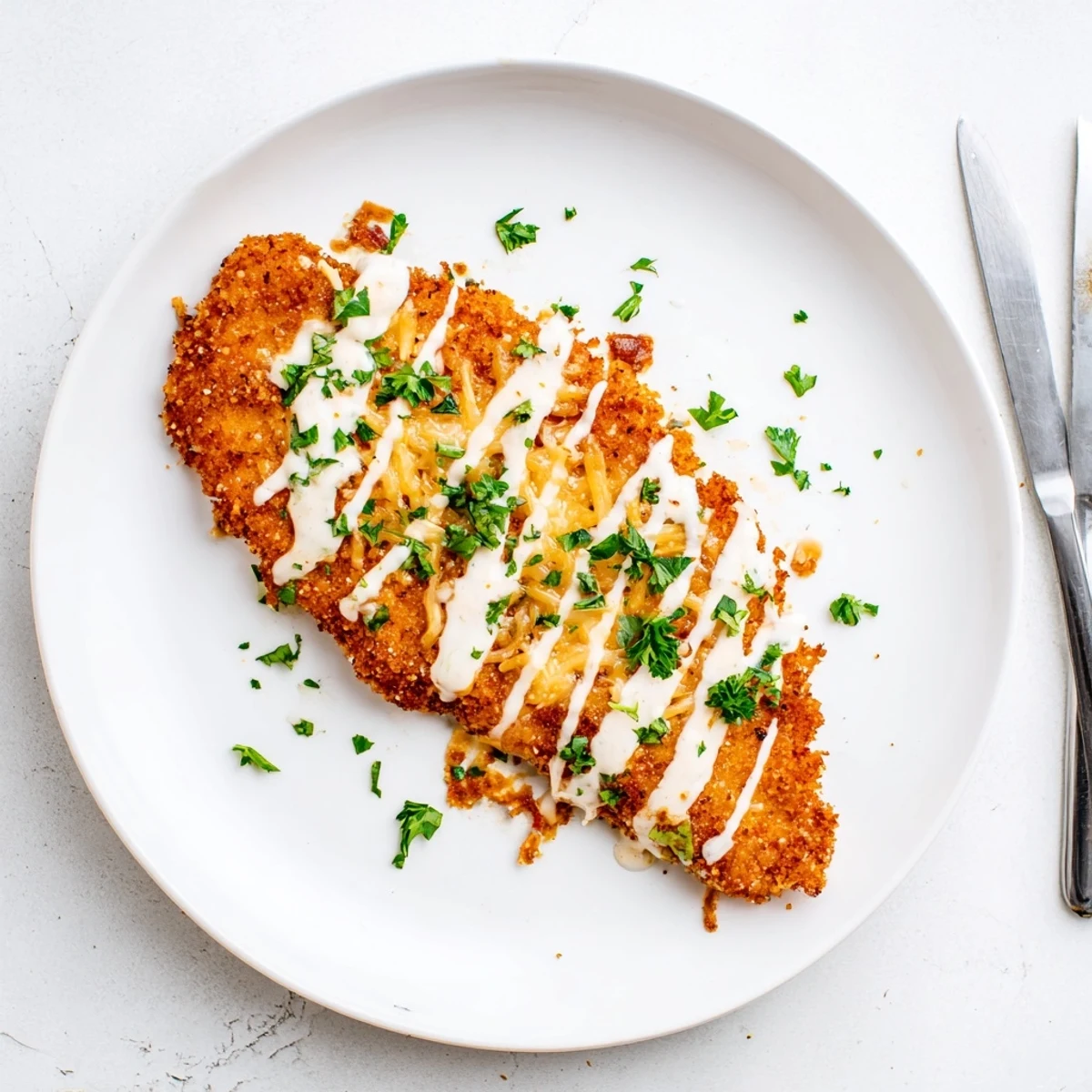 Golden brown Longhorn Steakhouse Parmesan Chicken with melted cheese and creamy ranch drizzle
