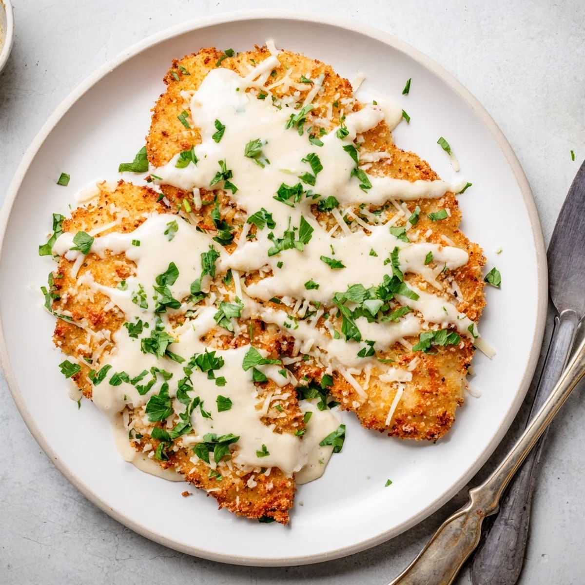Crispy breaded chicken breast topped with bubbly Monterey Jack and shredded Parmesan cheese
