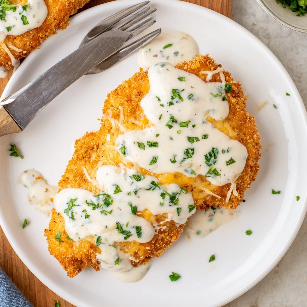 Juicy baked Parmesan chicken resting on white plate with golden melted cheese topping
