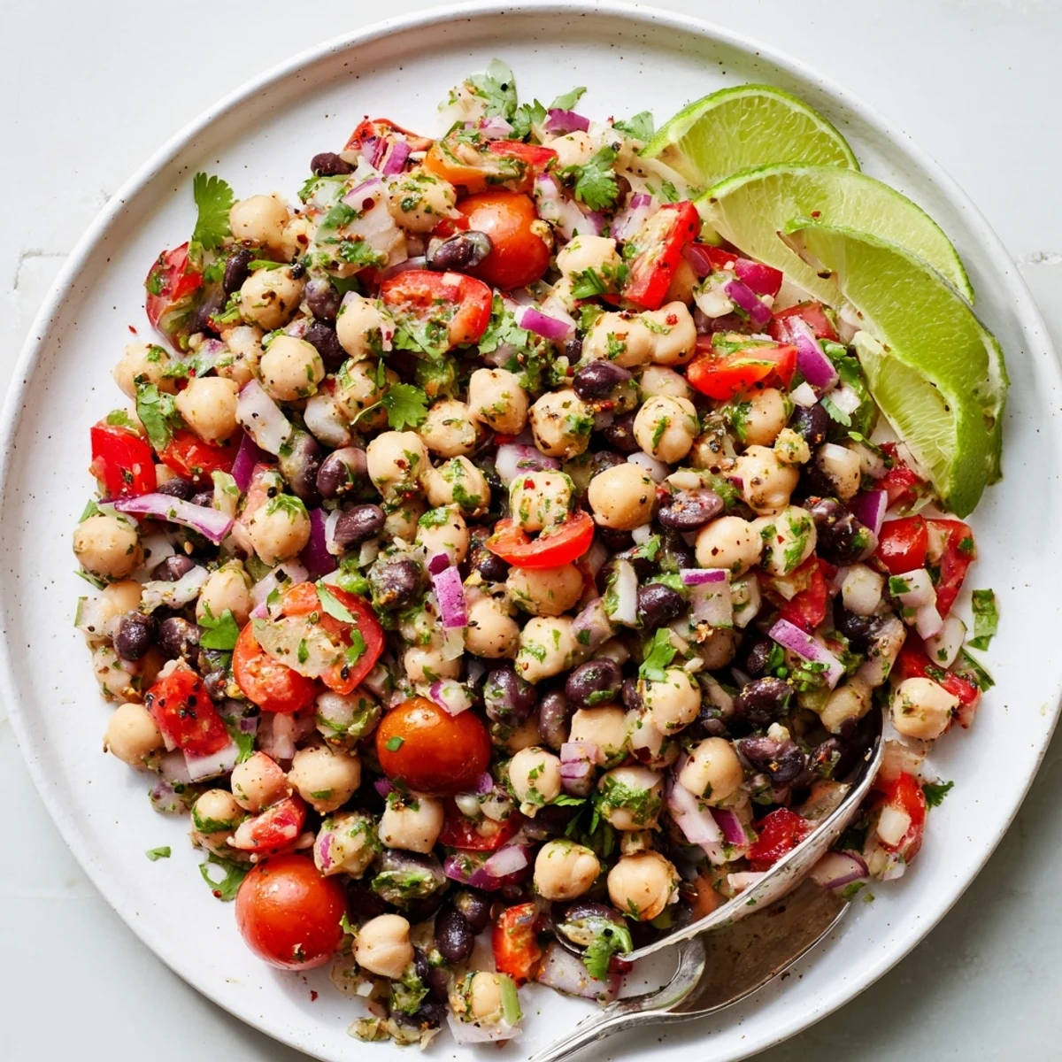 Colorful marinated cilantro lime bean salad with red bell peppers and cherry tomatoes in a white bowl