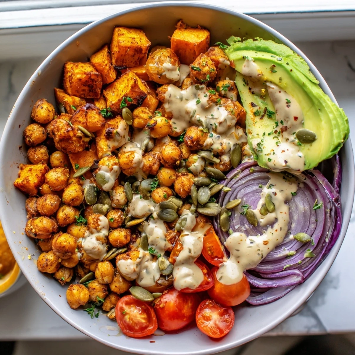 Golden roasted sweet potato chickpea bowl drizzled with creamy tahini dressing and fresh vegetables