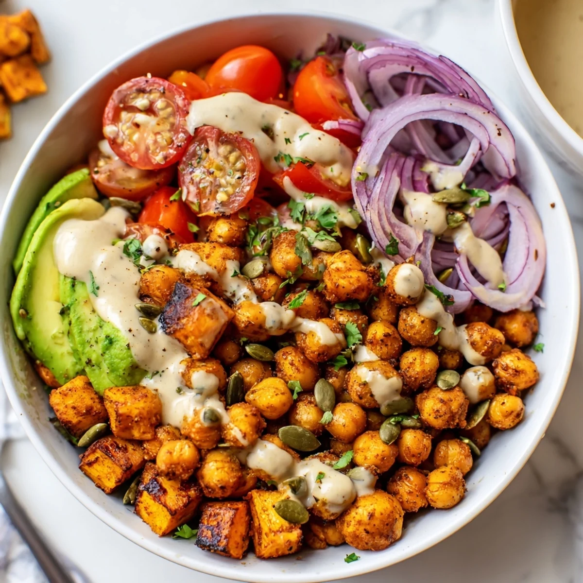 Crispy spiced chickpeas nestled beside tender sweet potatoes in a vibrant nourishing grain-free bowl