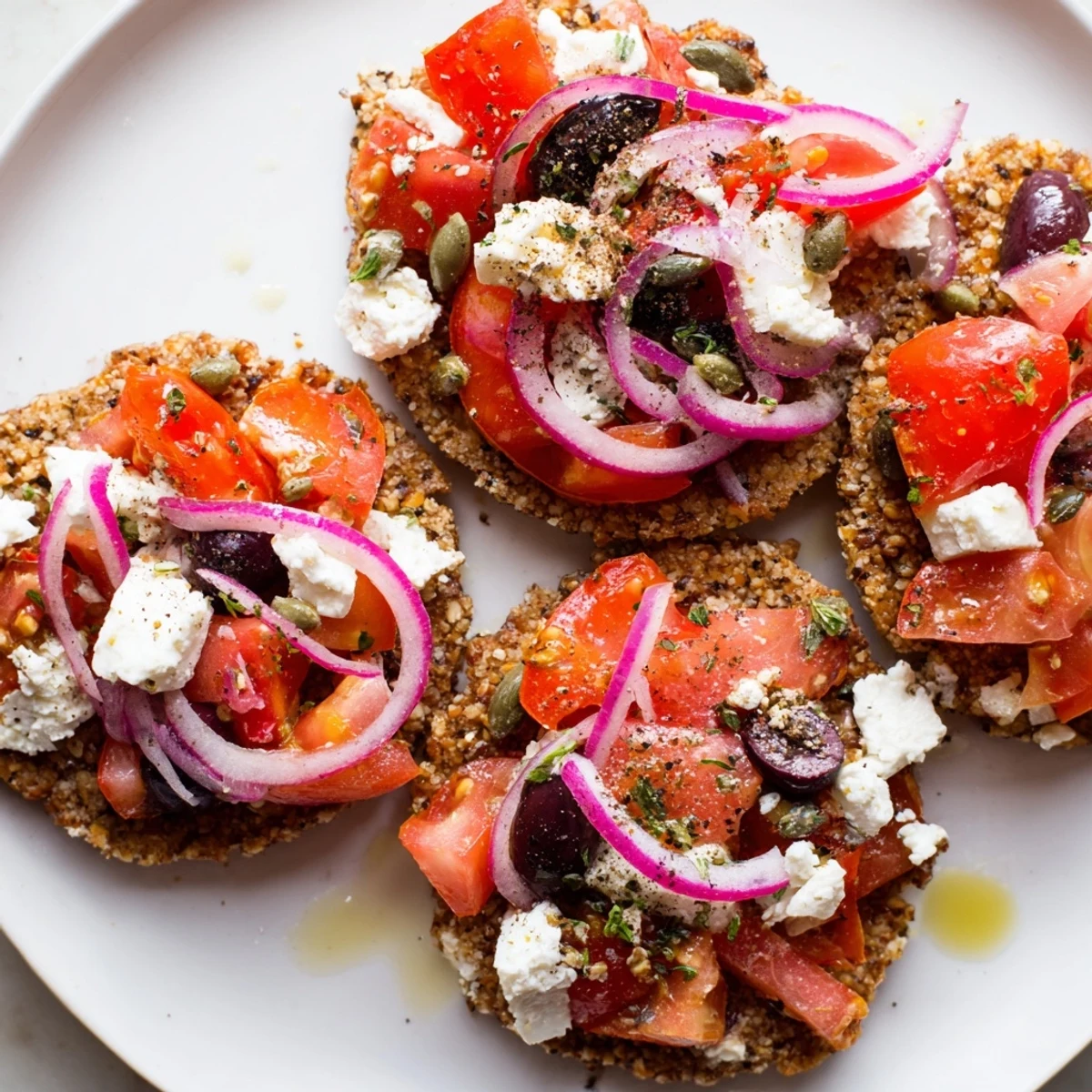 Toasted barley rusks piled high with crumbled feta, diced tomatoes, and sliced red onion