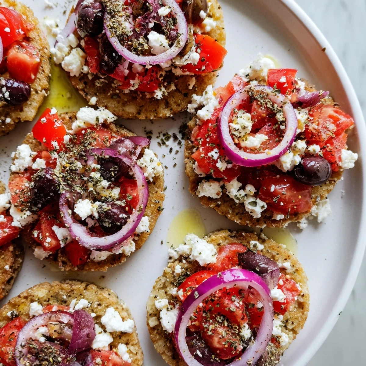 Crunchy Cretan feta rusks drizzled with olive oil and loaded with fresh Mediterranean toppings