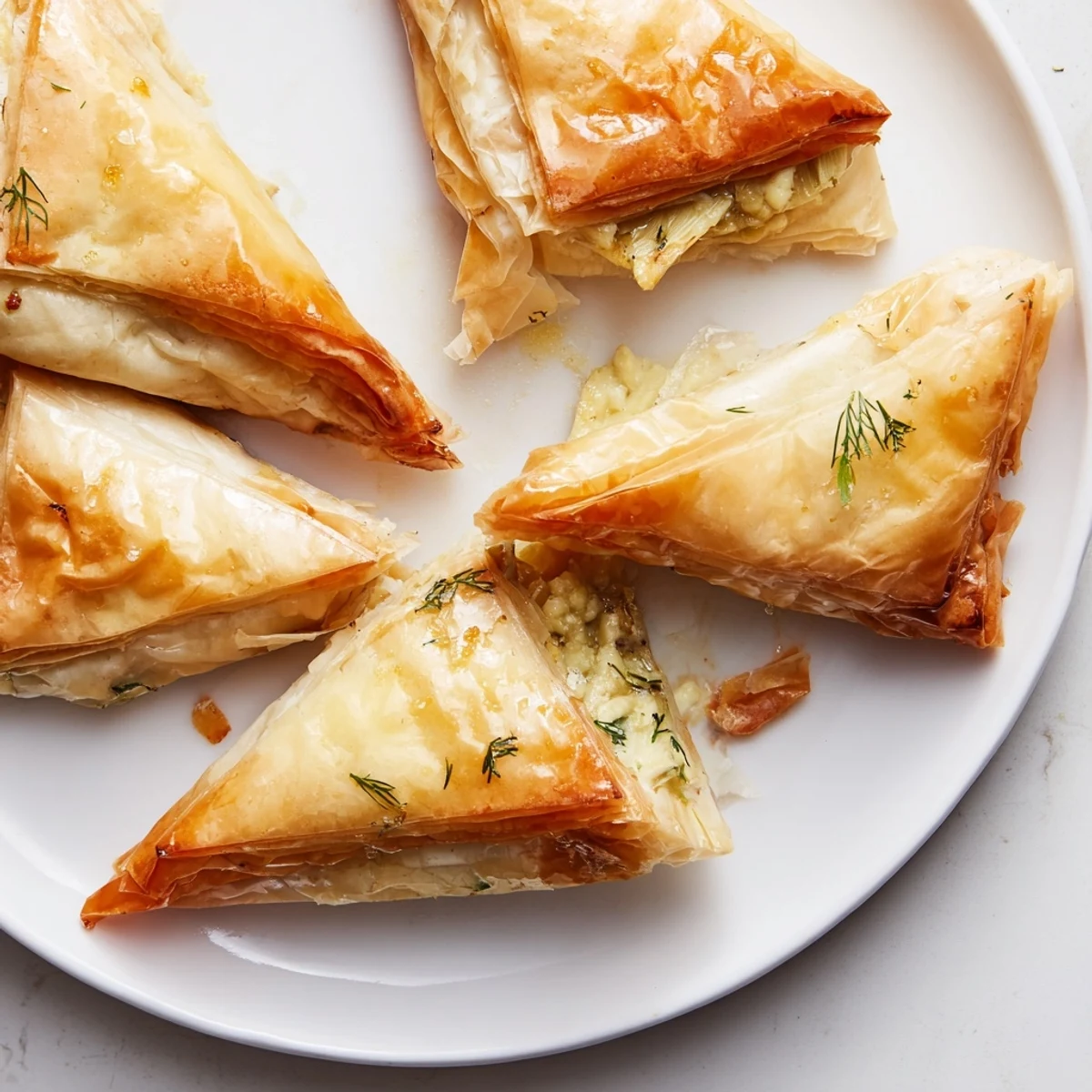 Artichoke and Graviera Filo Puffs stacked on a platter with tzatziki dip nearby