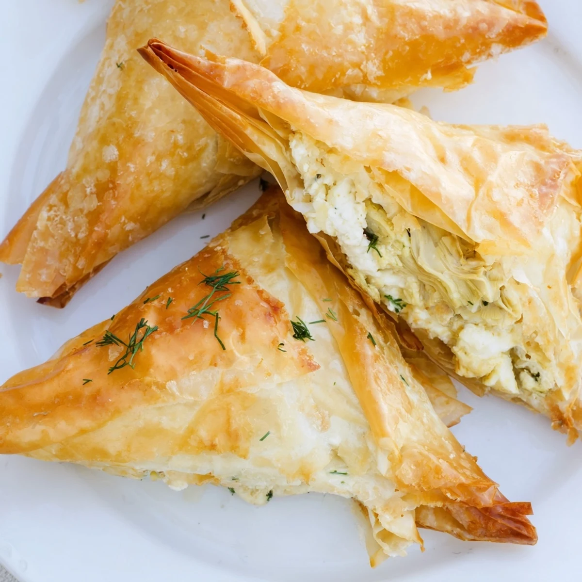 Golden Artichoke and Graviera Filo Puffs arranged on parchment, crisp and flaky