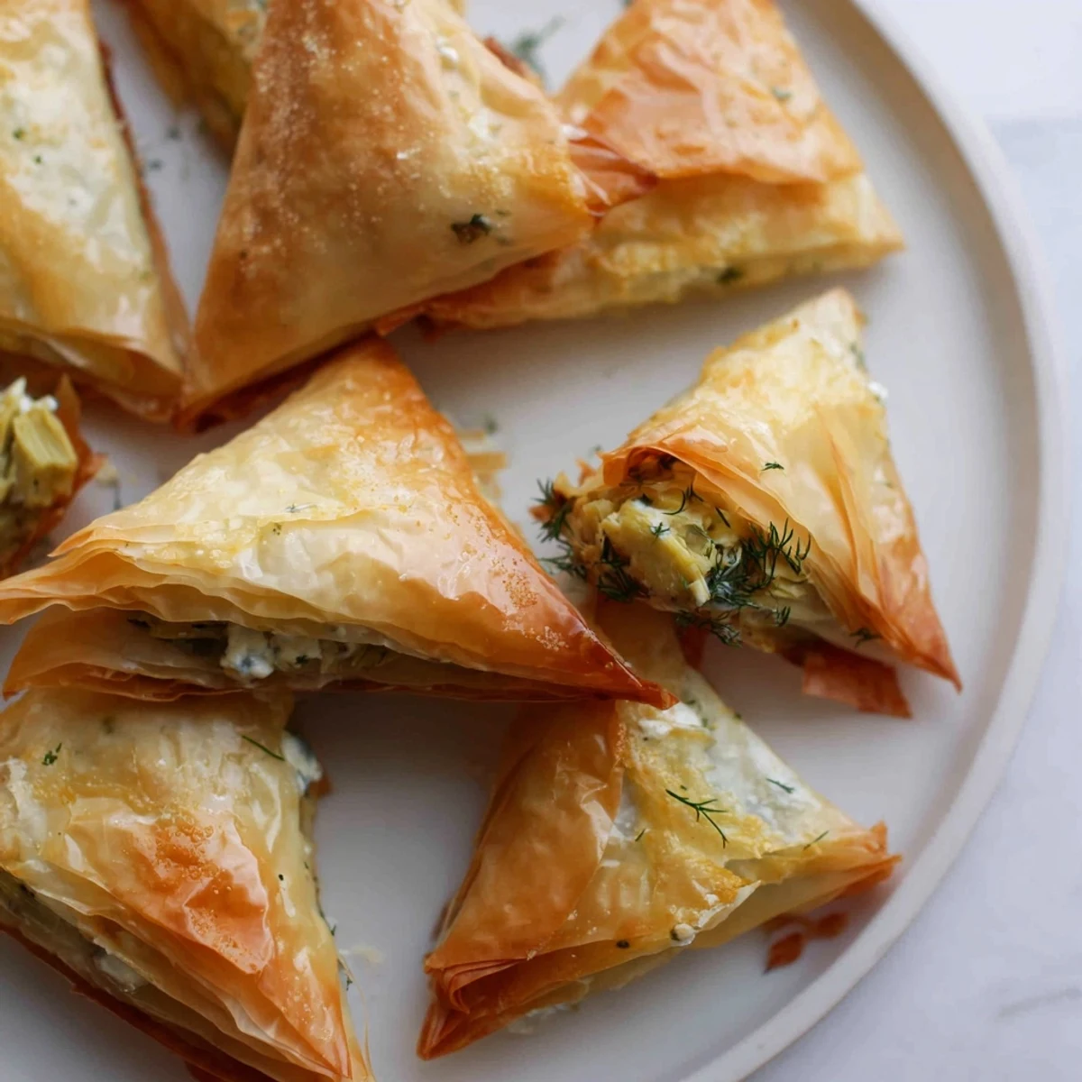 Close-up of Artichoke and Graviera Filo Puffs revealing melting cheese and tender filling