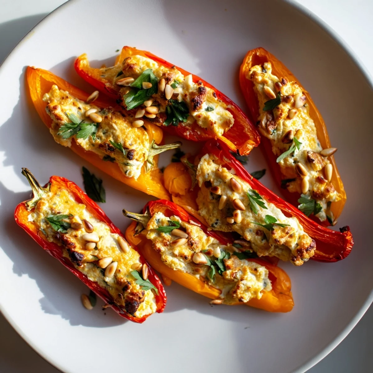 Golden roasted goat cheese stuffed mini peppers garnished with fresh herbs and pine nuts