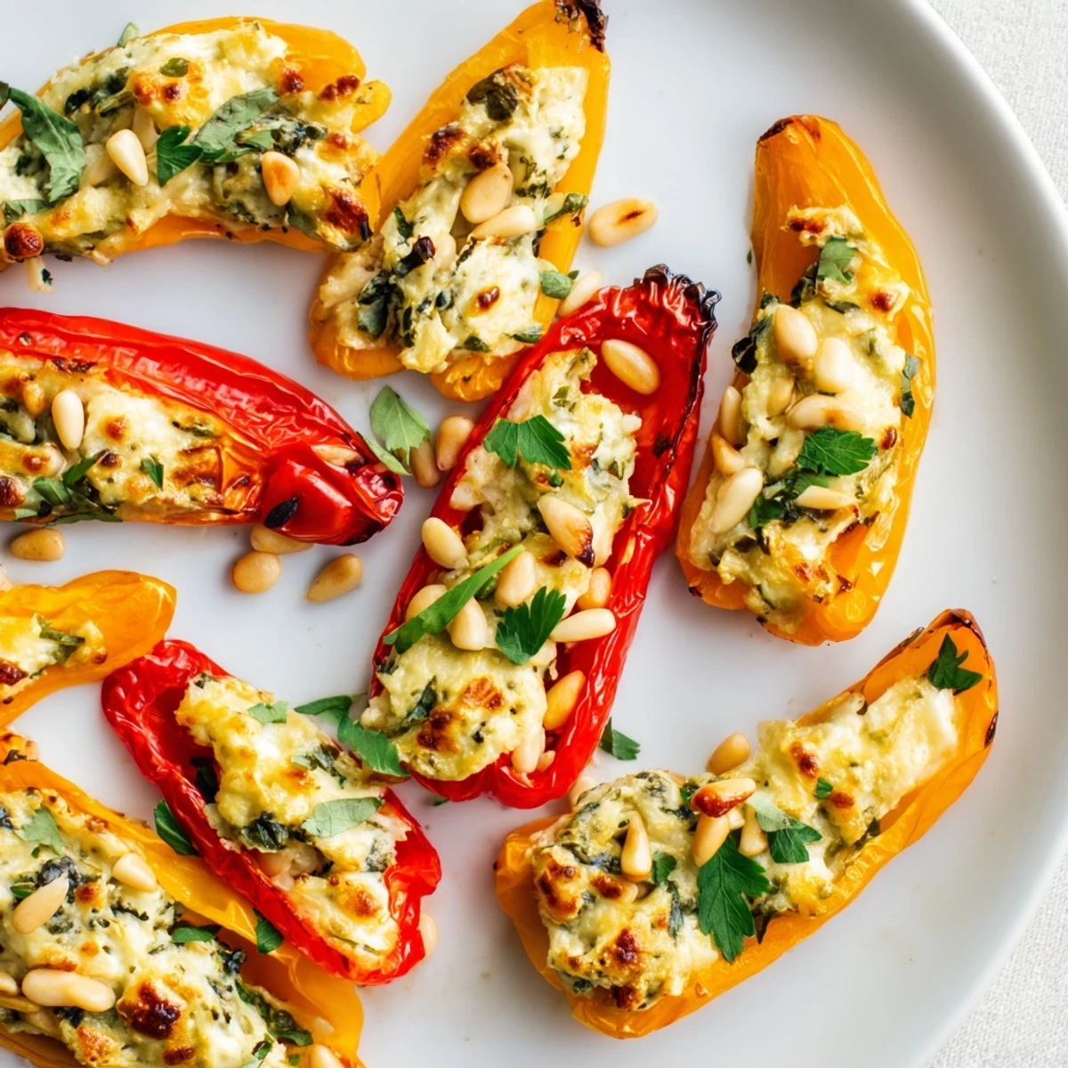 Creamy goat cheese stuffed mini peppers roasted until tender on a parchment-lined baking sheet