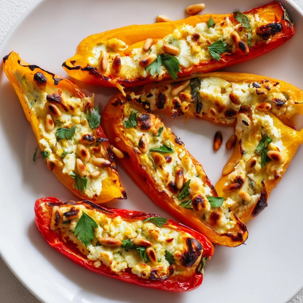 Vibrant sweet mini peppers overflowing with herbed goat cheese fresh from a warm oven