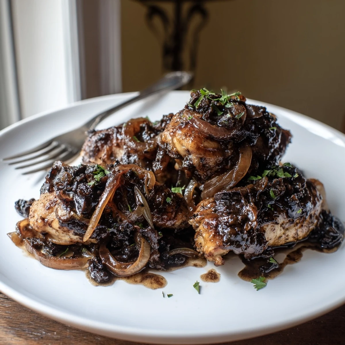 Juicy Slow Cooker Balsamic Chicken glazed in a rich, tangy sauce with caramelized onions
