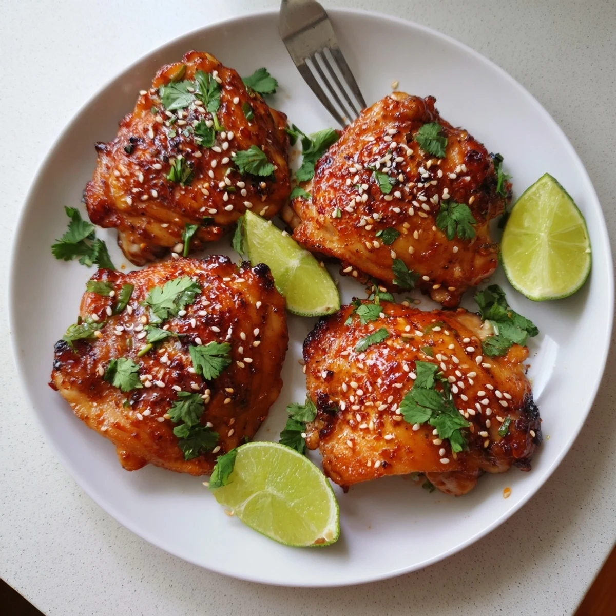 Golden sweet chili air fryer chicken thighs resting on a white plate