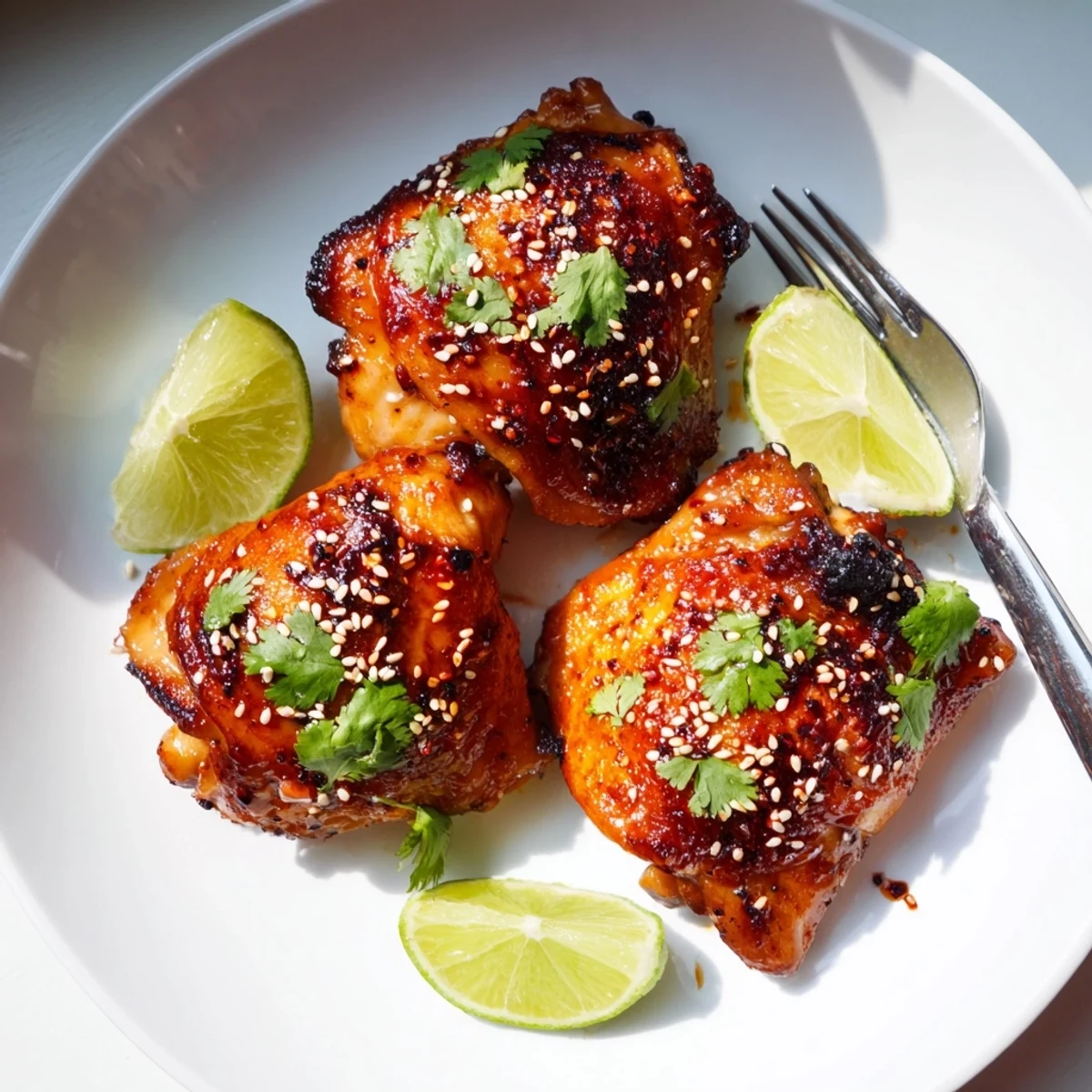 Crispy sweet chili air fryer chicken thighs glazed and garnished with sesame seeds