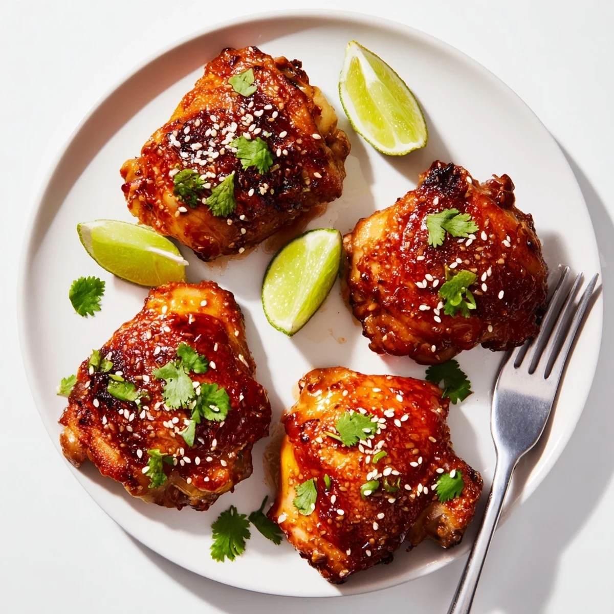 Sticky sweet chili air fryer chicken thighs served with lime wedges and cilantro