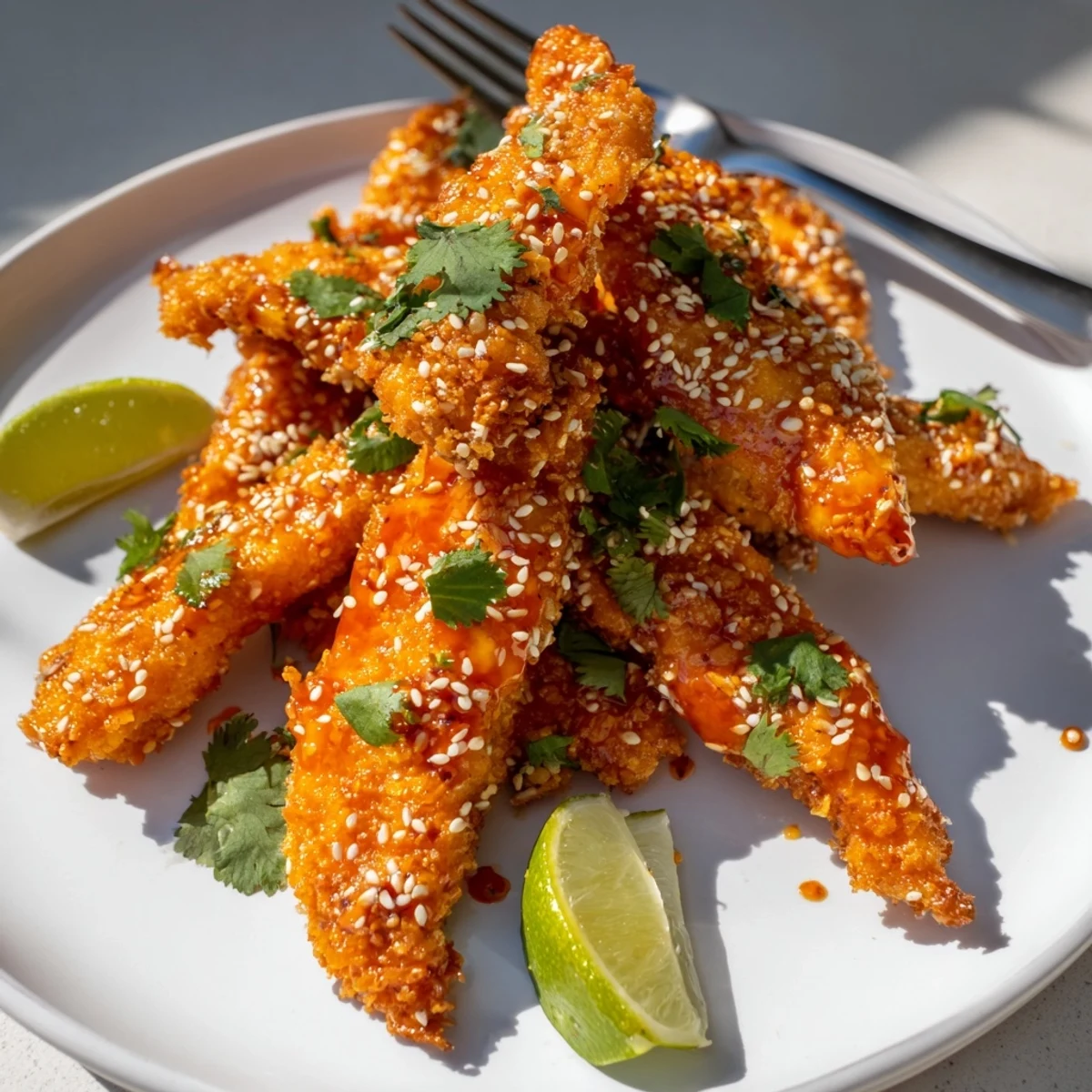 Crispy Thai sticky chicken fingers coated in glossy sweet chili glaze topped with sesame seeds