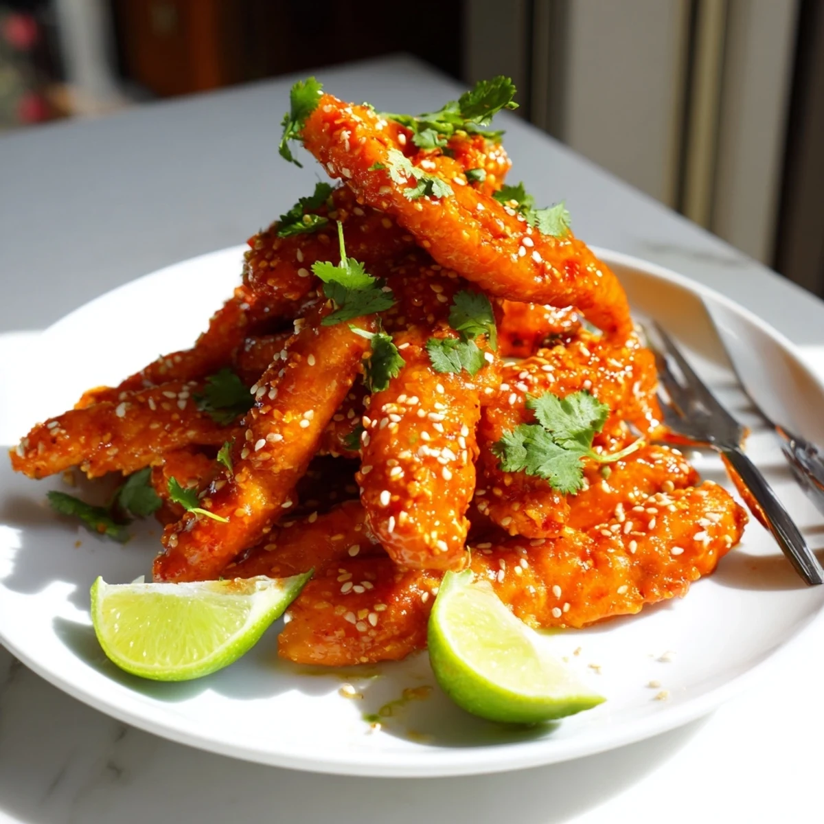 Golden panko-crusted Thai sticky chicken fingers drizzled with tangy sauce and fresh cilantro garnish