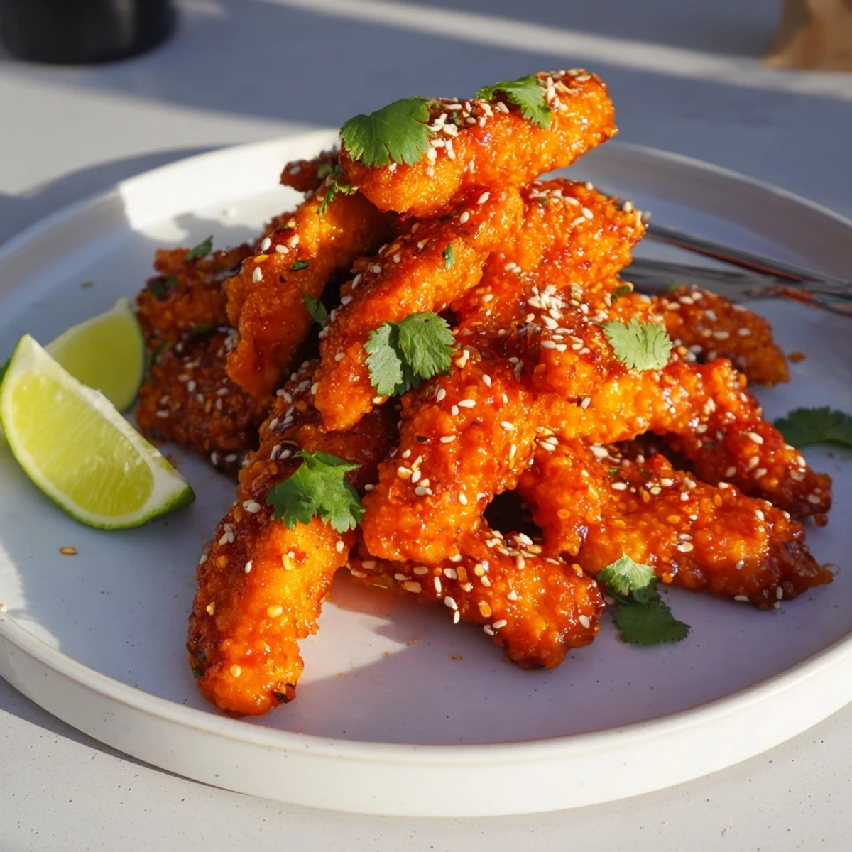 Thai sticky chicken fingers arranged on a platter with lime wedges and a sticky Asian glaze