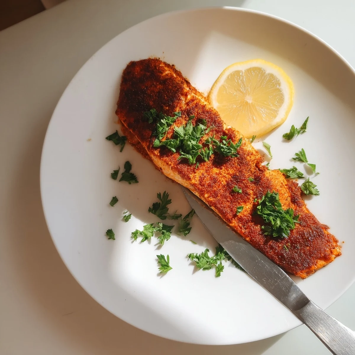 Oven Baked Cajun Salmon coated in smoky spices on a parchment-lined sheet pan