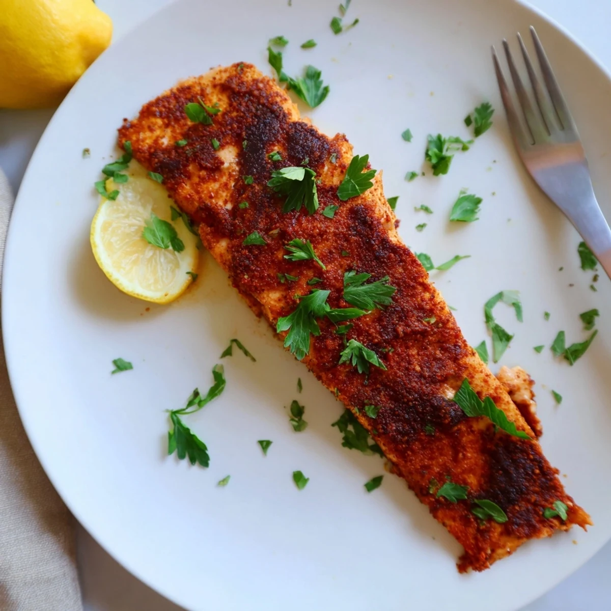 Golden Oven Baked Cajun Salmon fillet garnished with fresh parsley and lemon wedges