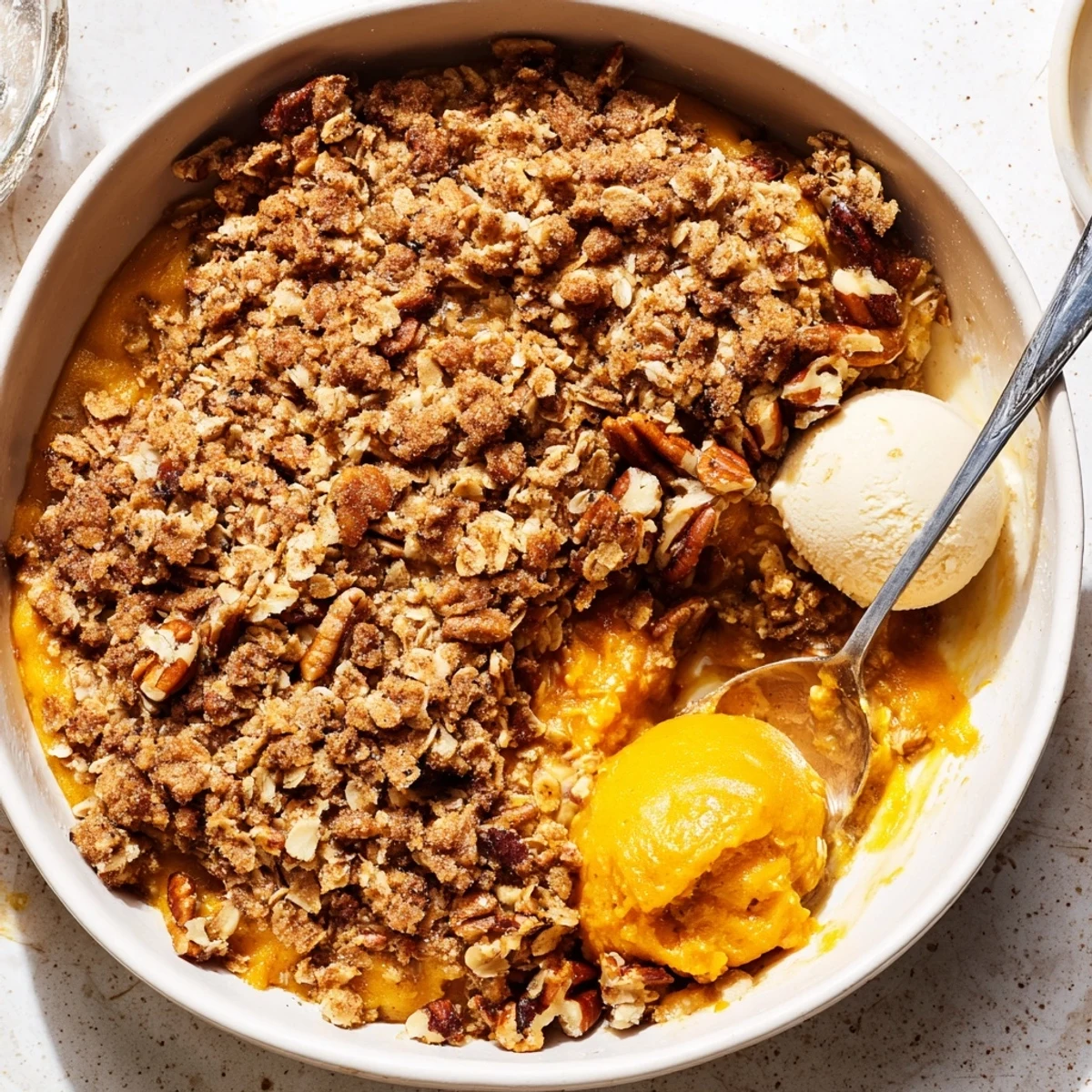 Creamy pumpkin pie crisp with golden oat pecan topping fresh from oven