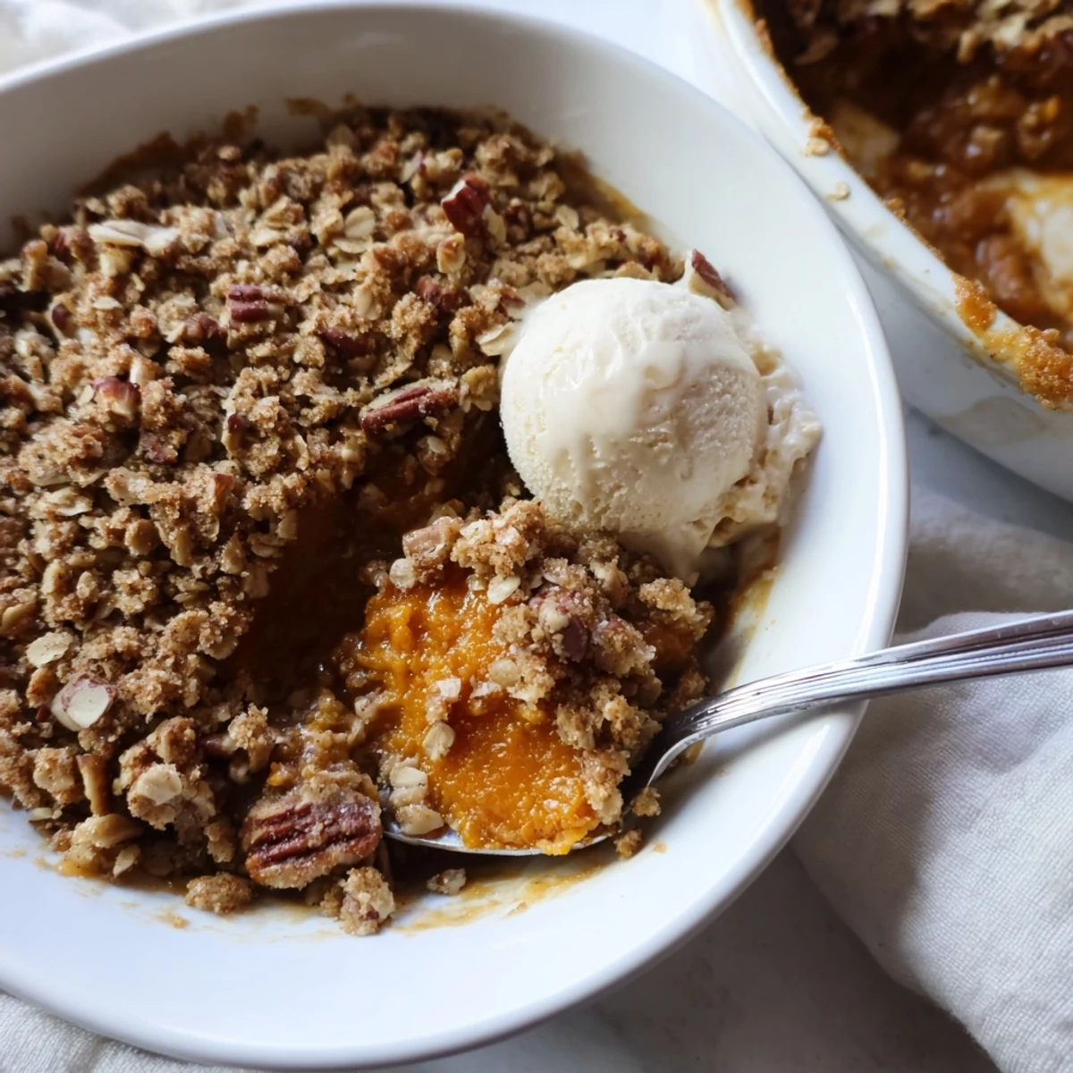 Warm spiced pumpkin pie crisp scooped into a rustic serving bowl