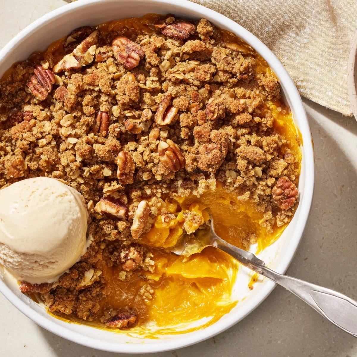 Golden buttery pumpkin pie crisp topped with a dollop of whipped cream