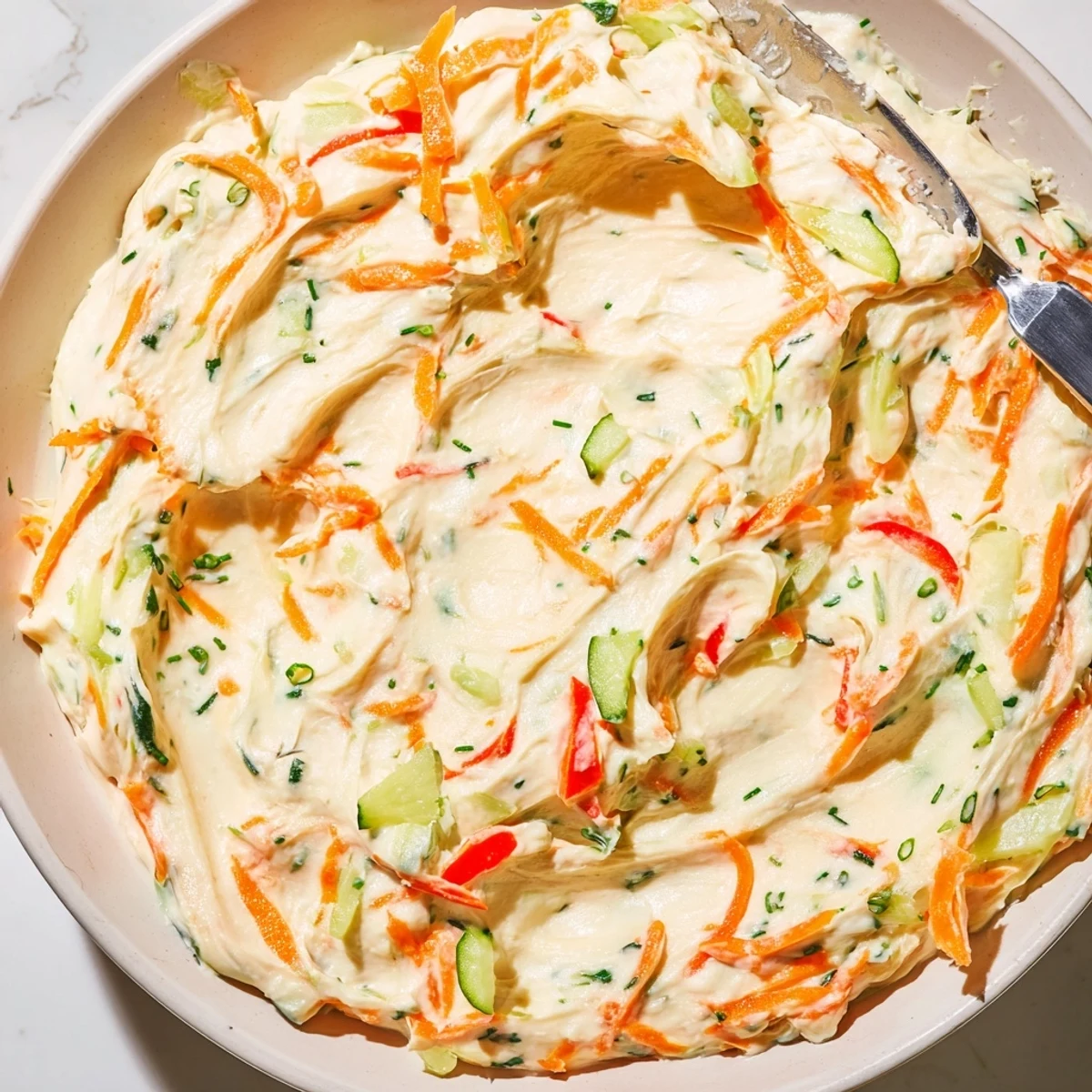 Creamy garden vegetable spread topped with fresh herbs and served alongside toasted crackers