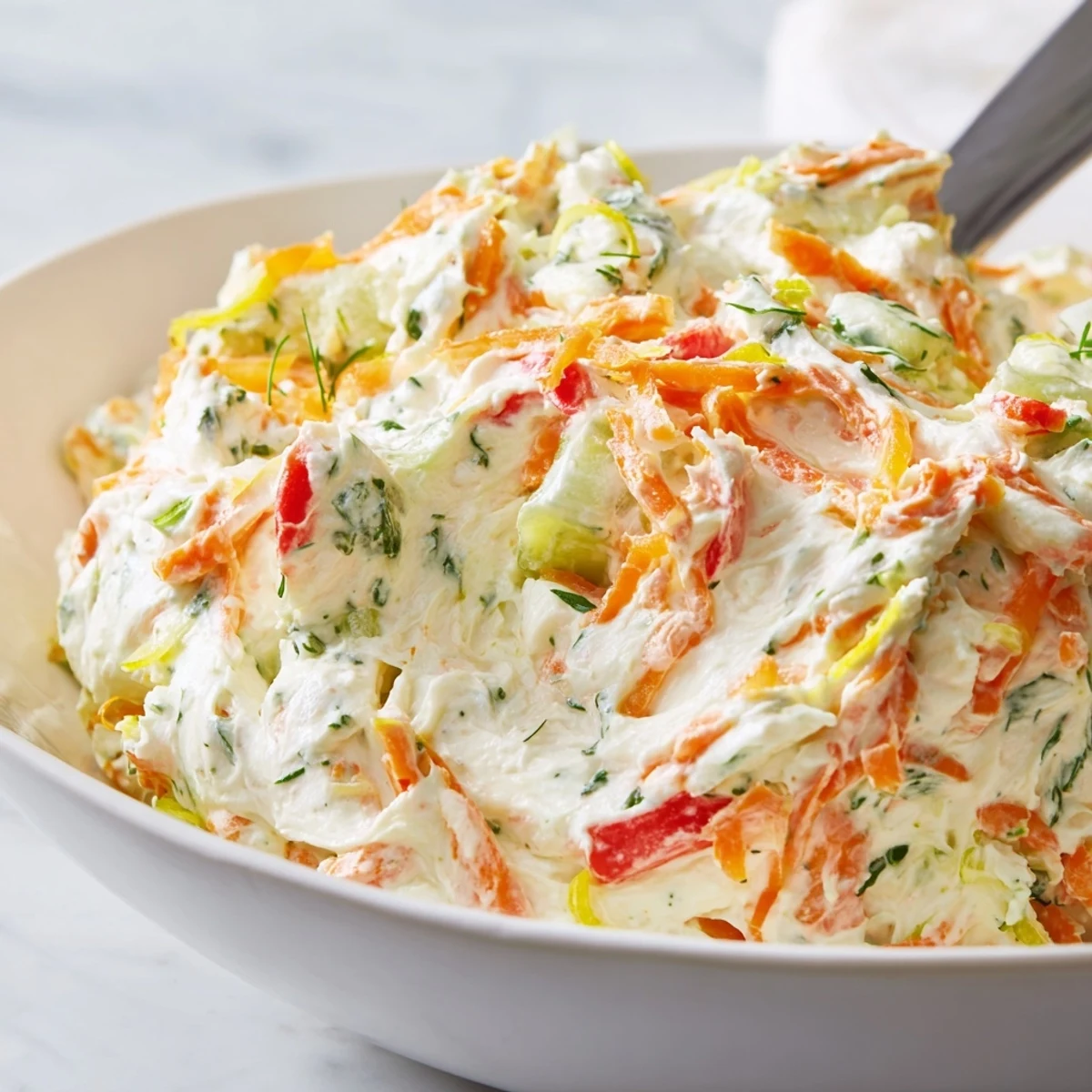 Bright and chunky garden vegetable spread spooned into a bowl with colorful bell peppers
