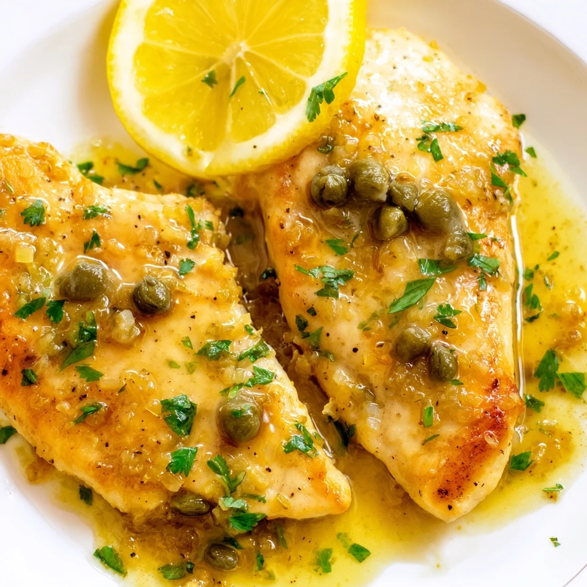 Tender Crock Pot Lemony Chicken Piccata drizzled with a bright, tangy lemon-caper sauce