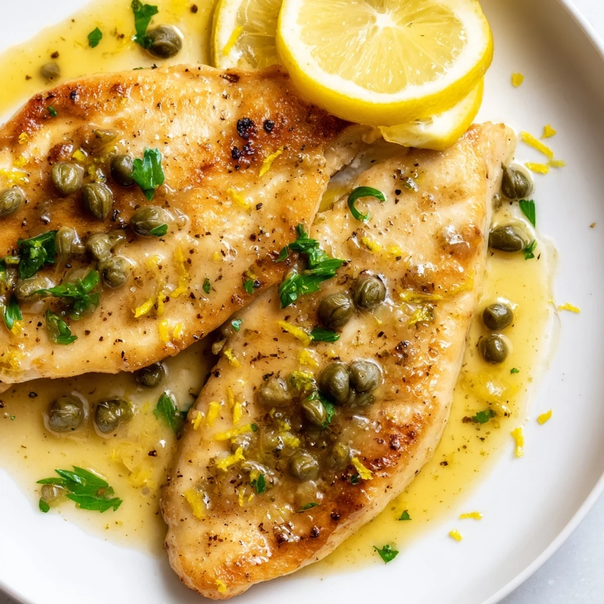 Juicy Crock Pot Lemony Chicken Piccata garnished with fresh parsley and golden lemon slices