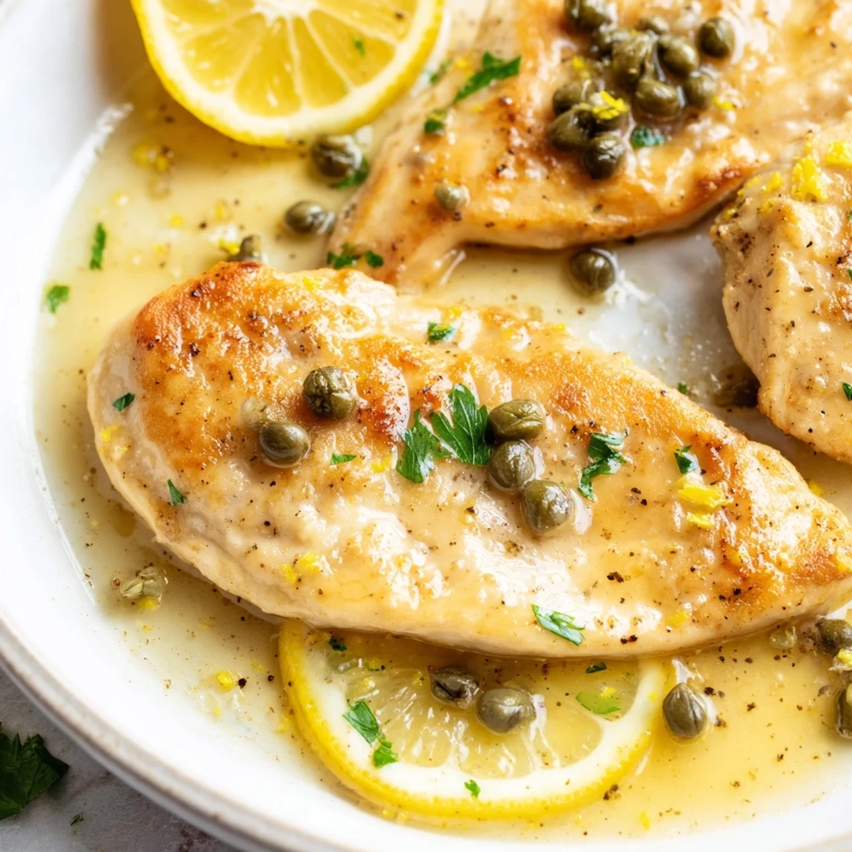Slow-cooked Crock Pot Lemony Chicken Piccata in a rich, buttery sauce with briny capers