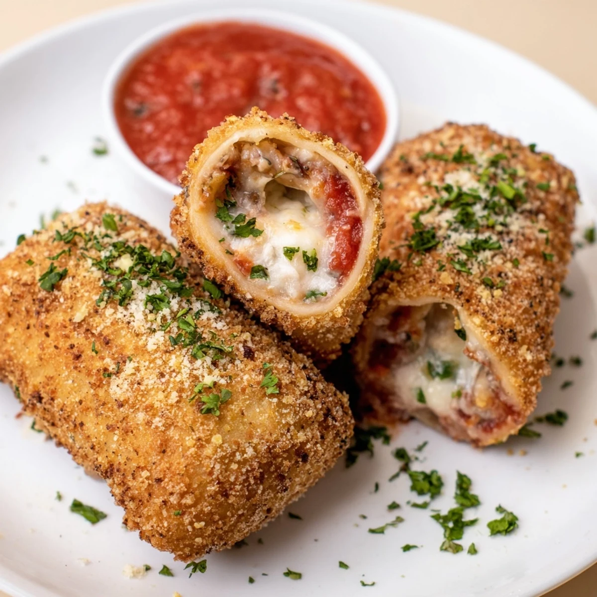 Crispy air fryer lasagna fritta golden brown and served with marinara sauce