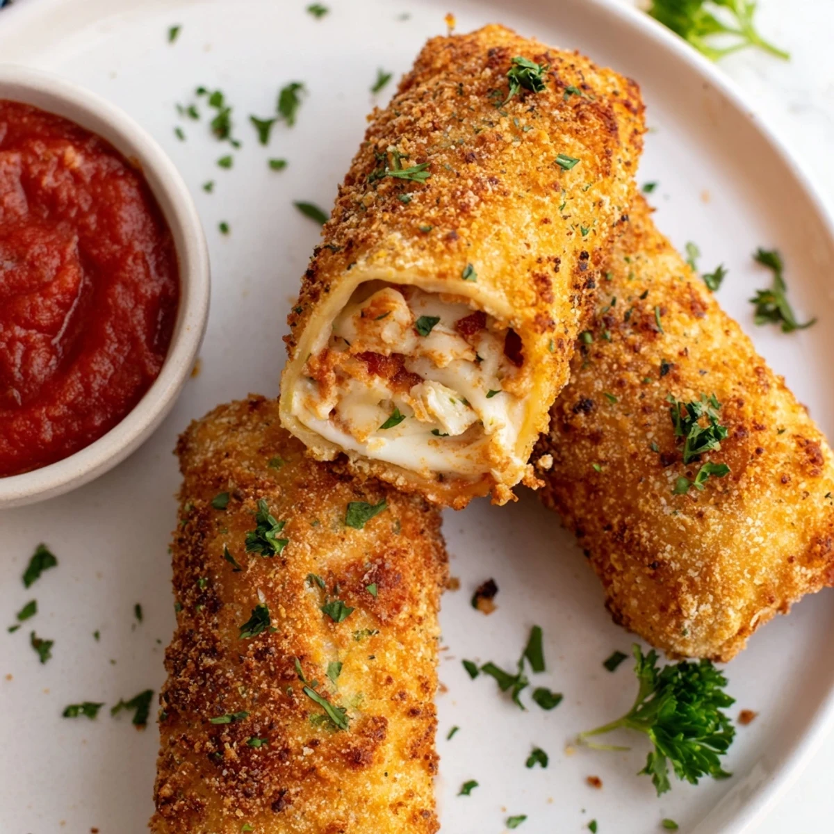 Crunchy breadcrumb-coated air fryer lasagna fritta garnished with fresh parsley on a platter