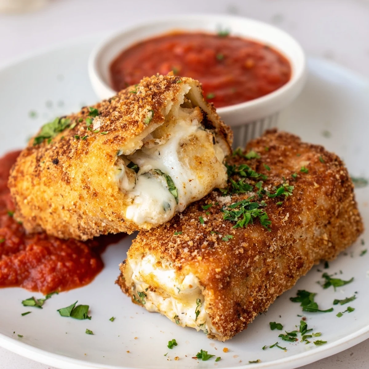 Air fryer lasagna fritta sliced open revealing creamy ricotta and melted mozzarella