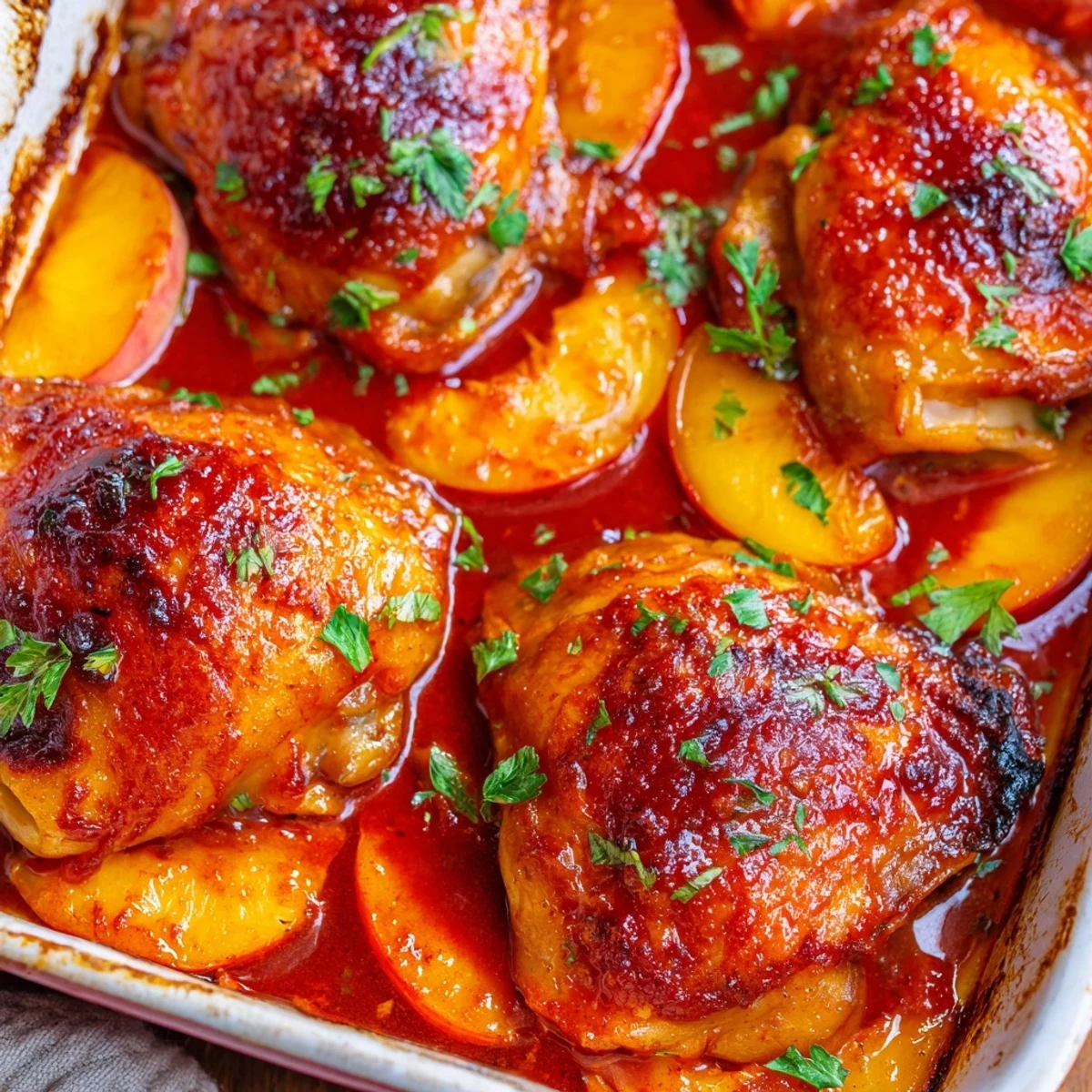 Golden glazed roasted peach BBQ chicken bake with caramelized fruit and crispy skin