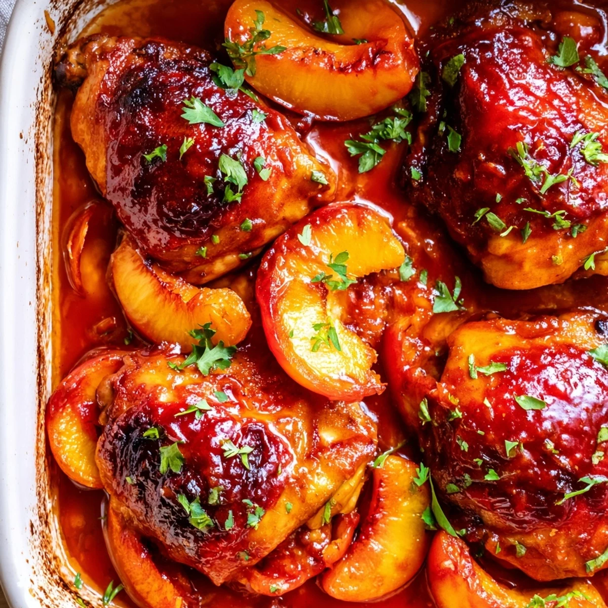 Juicy roasted peach BBQ chicken bake topped with charred peach slices and herbs