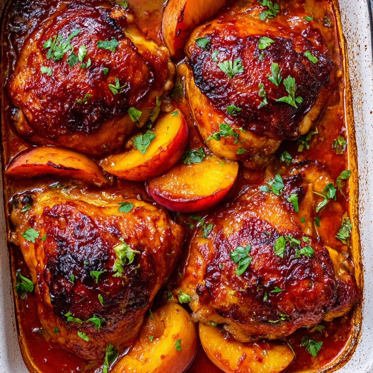 Tender chicken thighs coated in sweet smoky peach BBQ sauce fresh from the oven