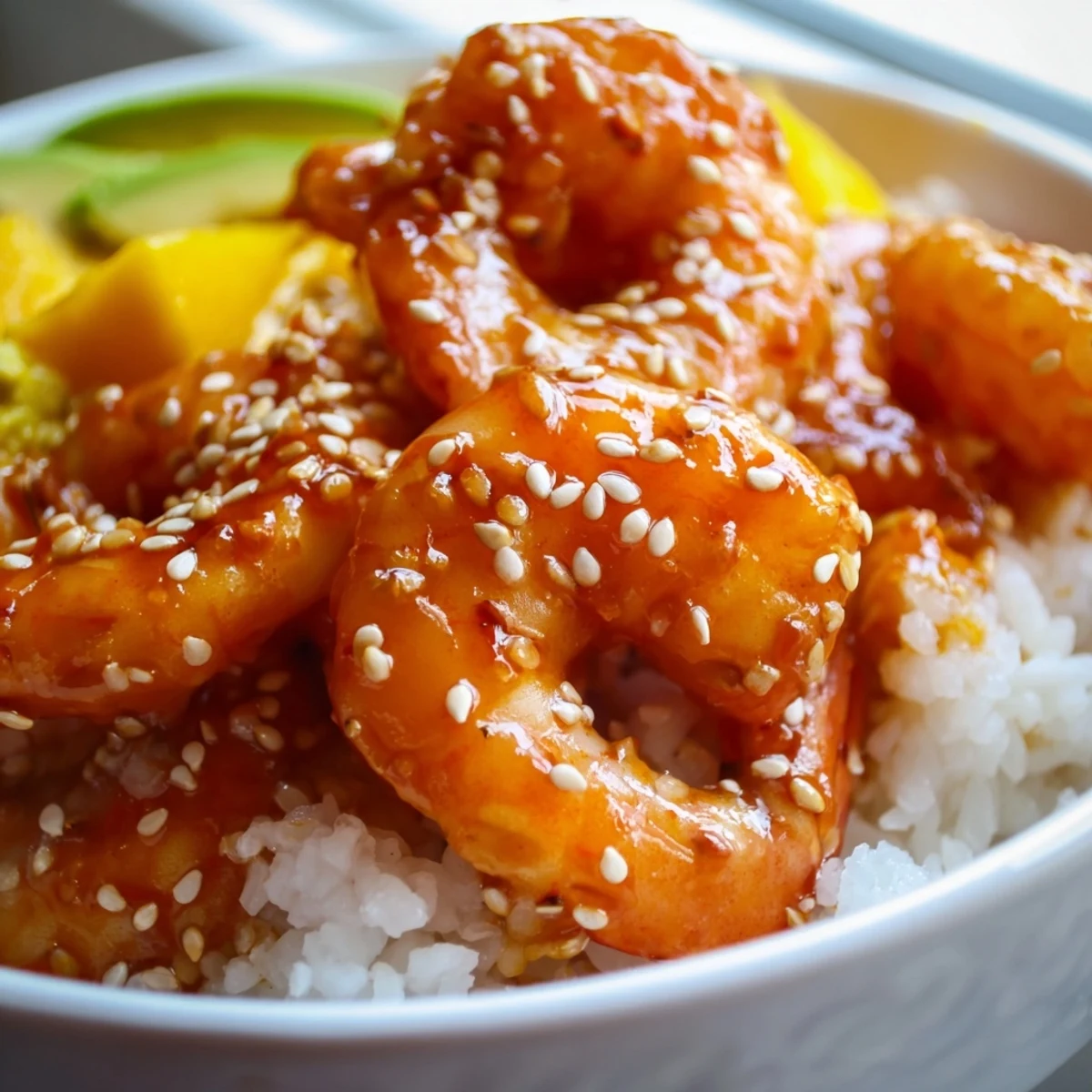 Sweet Chili Mango Shrimp Bowl served over fluffy jasmine rice with colorful crisp vegetables