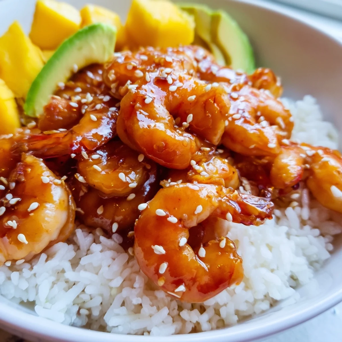 Glossy sweet chili glazed shrimp nestled beside ripe mango chunks and sliced avocado in bowl