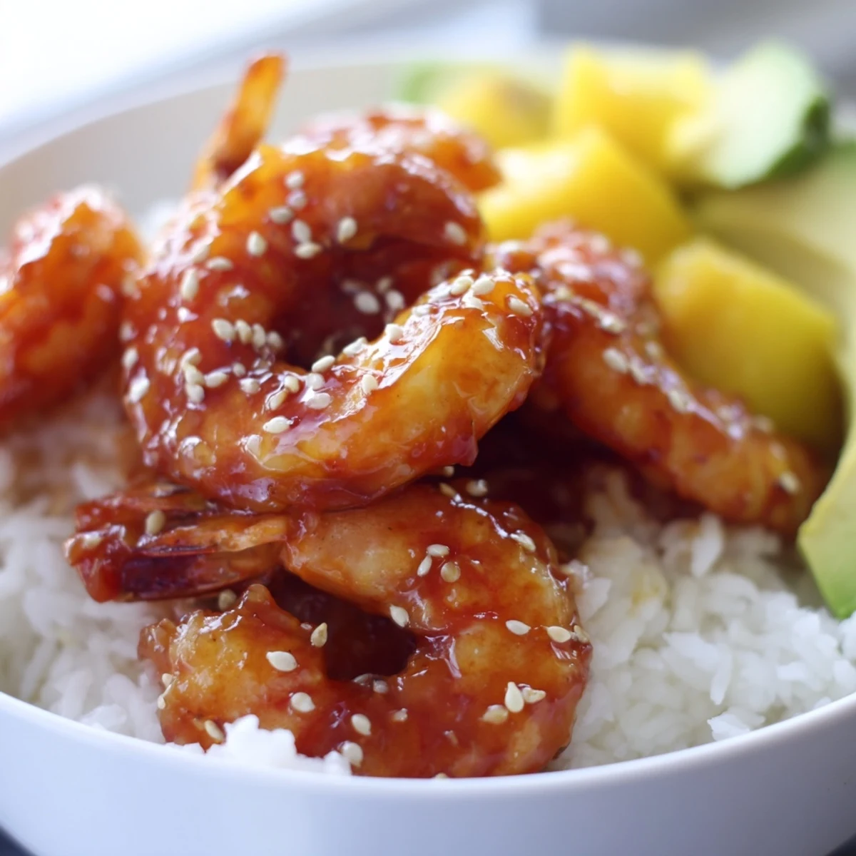 Sweet Chili Mango Shrimp Bowl topped with roasted peanuts, fresh cilantro, and lime wedges