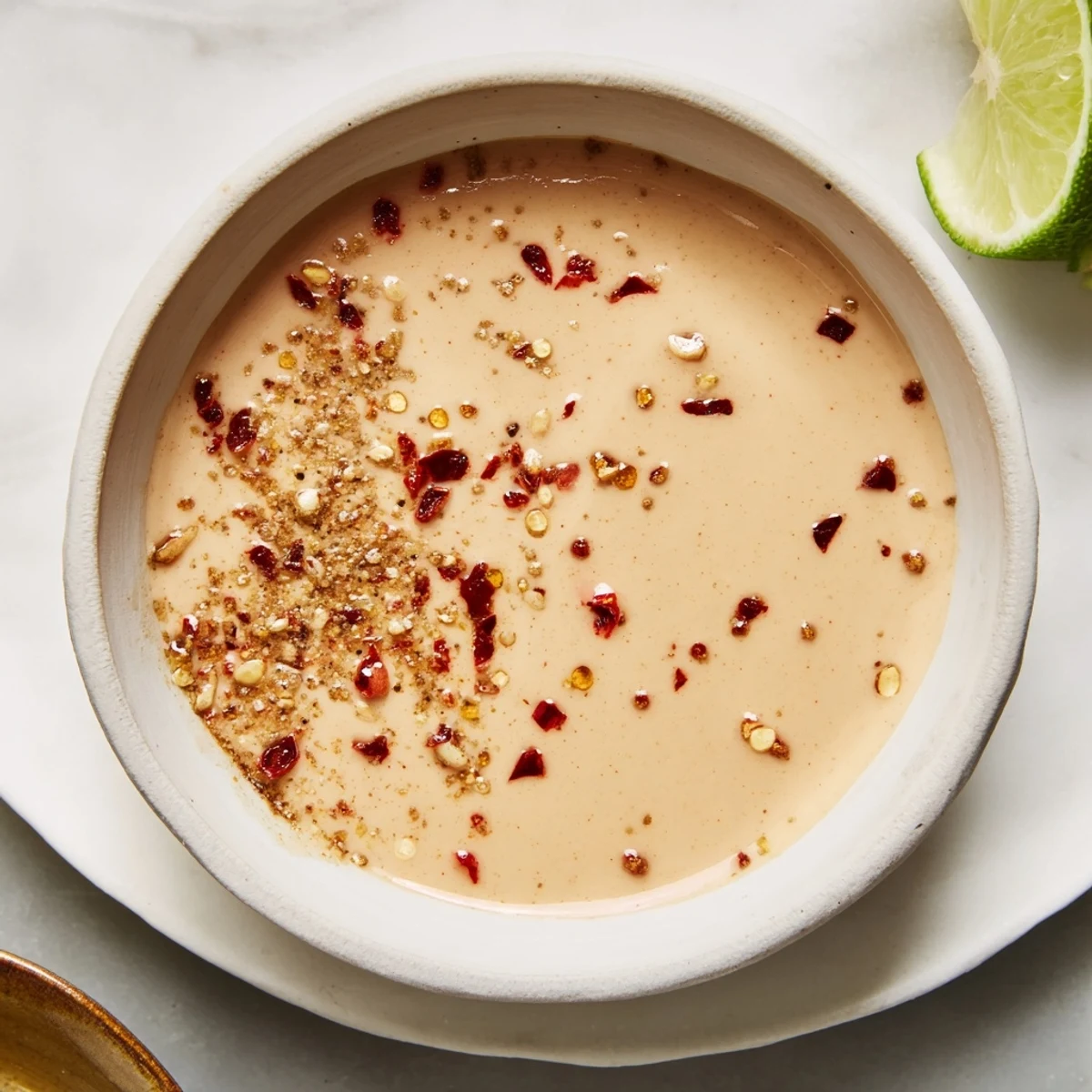 Thick, golden Chili Lime Tahini Sauce served in a dipping bowl alongside roasted vegetables