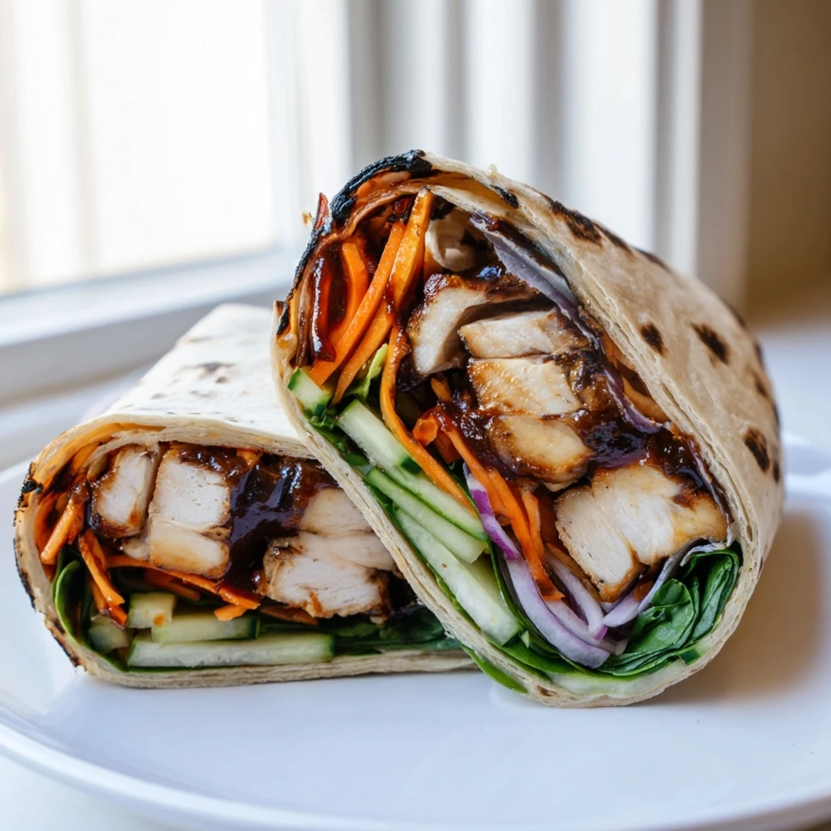 Vegemite charred chicken wrap filled with crisp vegetables and creamy dijon sauce