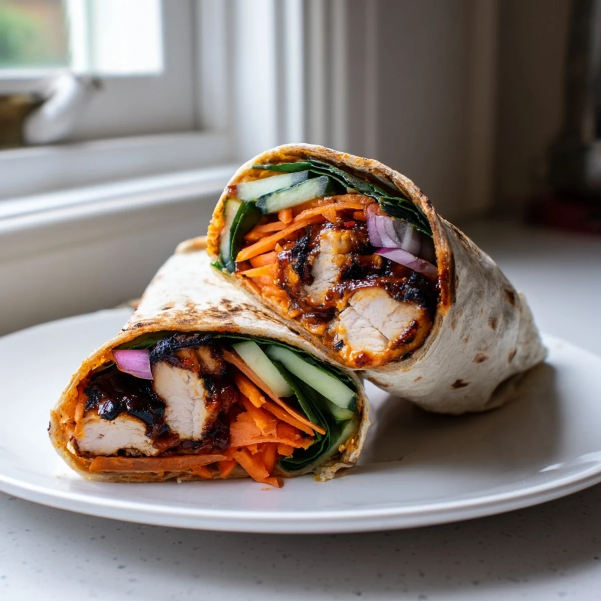 Smoky Vegemite charred chicken wrap sliced open revealing colorful fresh crunch vegetables