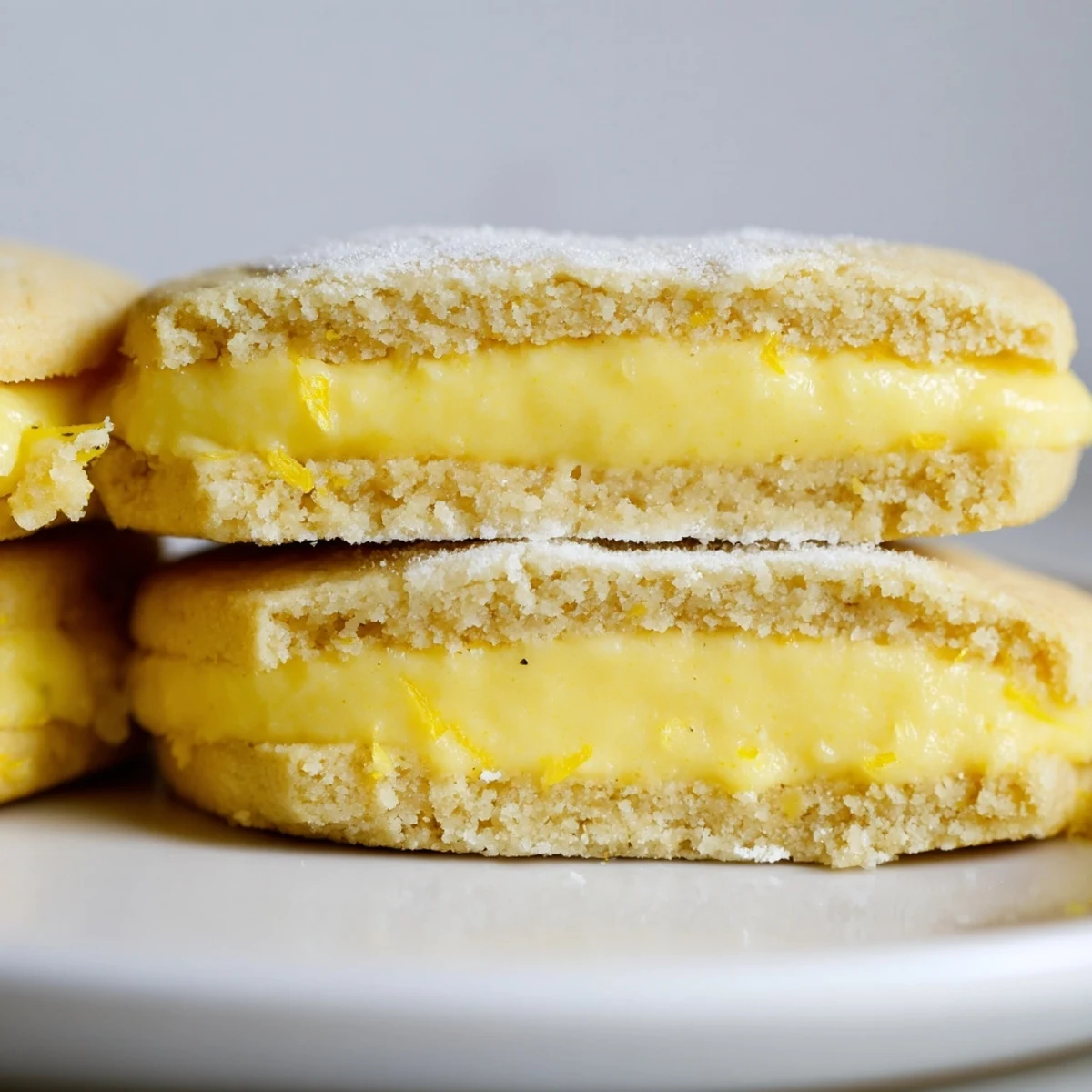 Soft vegan lemon sandwich cookies dusted with powdered sugar beside a teacup