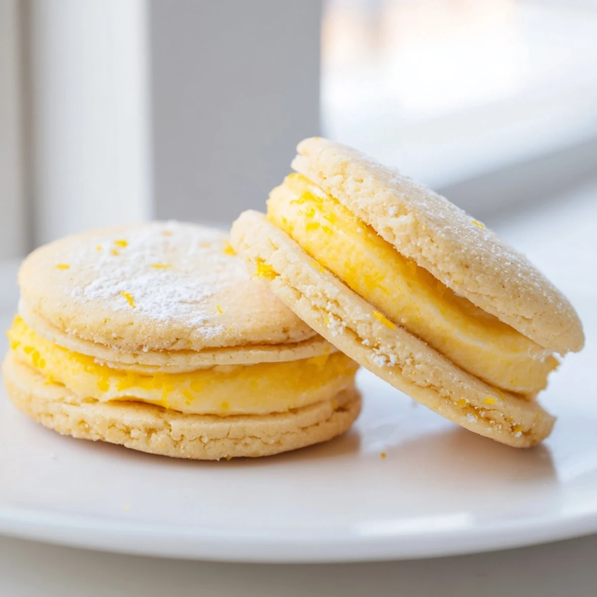 Golden vegan lemon sandwich cookies with creamy citrus filling on a rustic plate