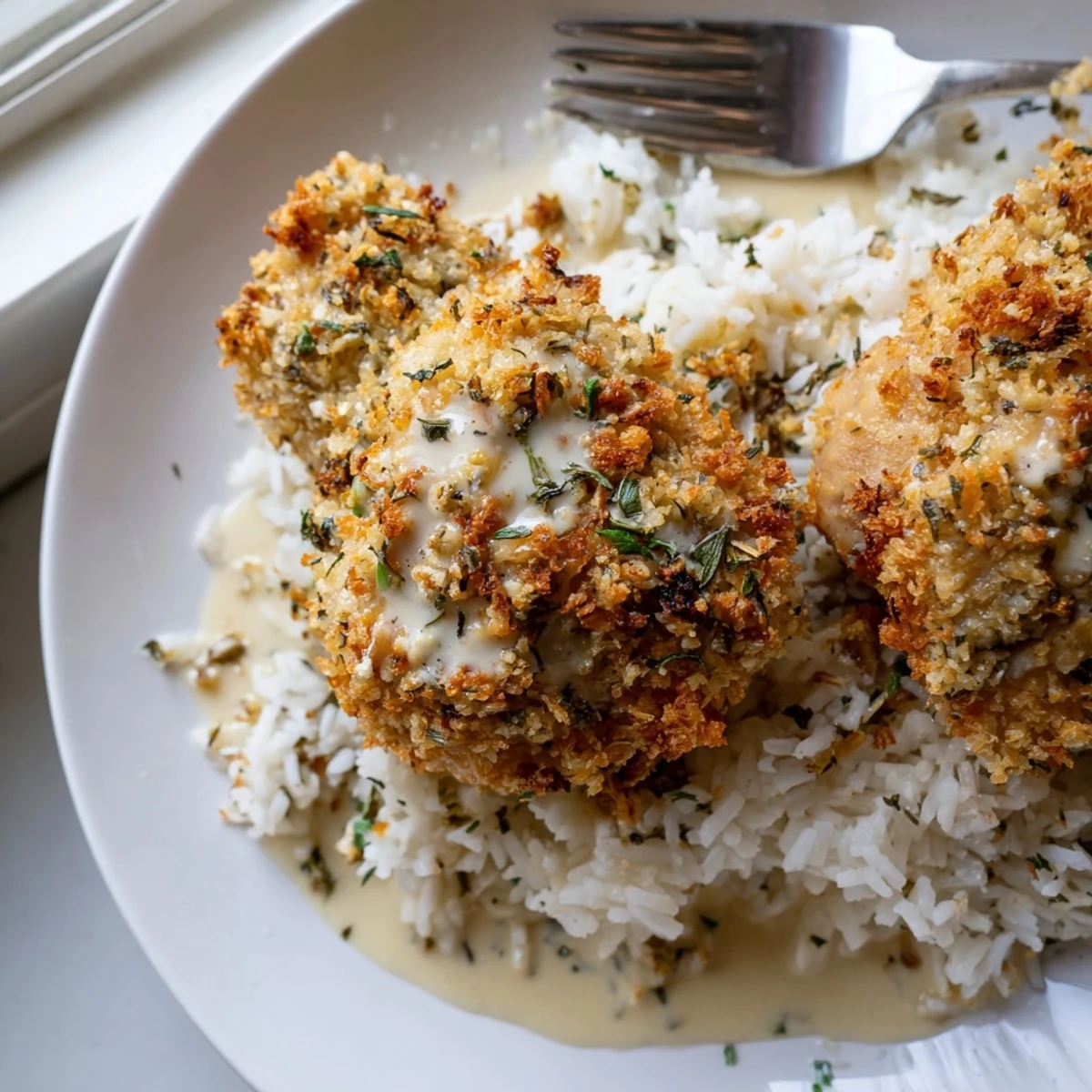 Crispy golden herb crusted chicken thighs nestled in creamy garlic sauce over steamed white rice