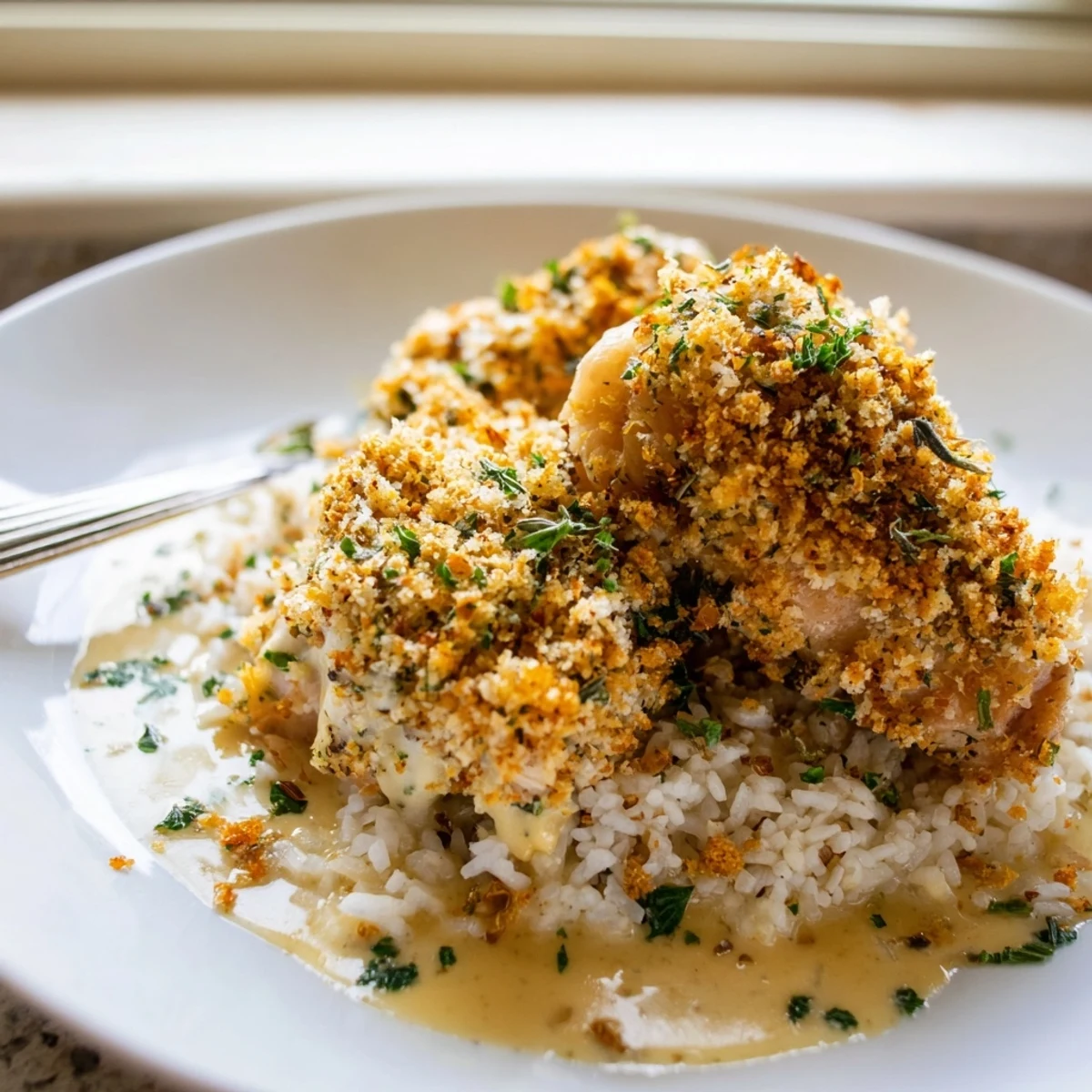 Herb-crusted chicken thighs with Parmesan basking in rich, velvety garlic sauce atop buttery rice