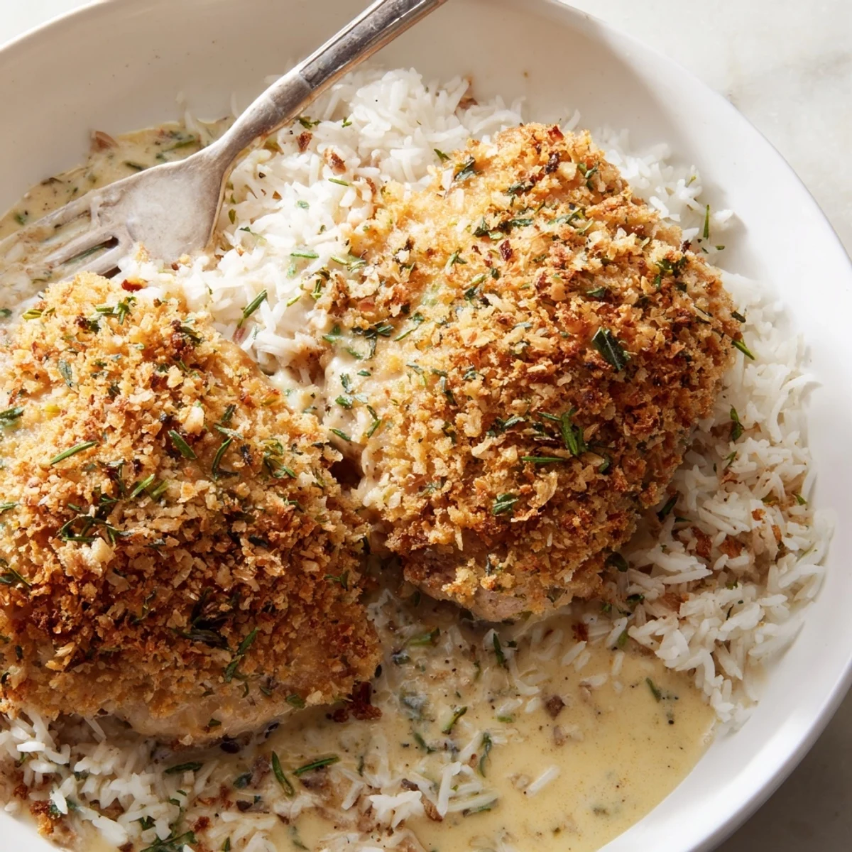 Golden herb crusted chicken thighs dripping with creamy Parmesan garlic sauce on a bed of fluffy rice
