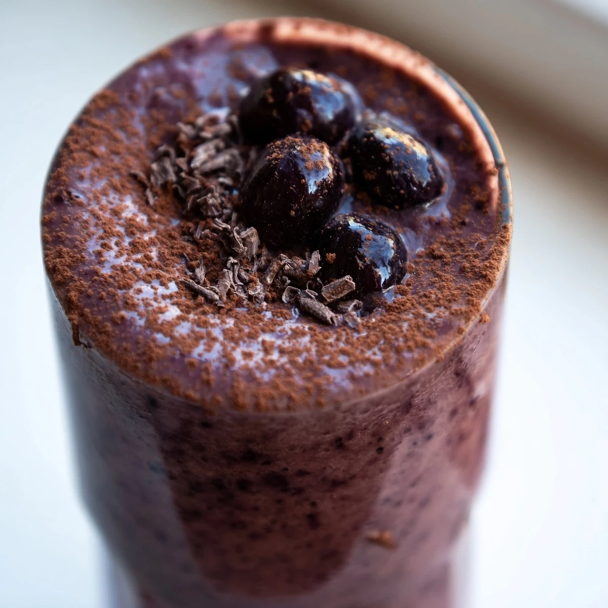 Thick chocolate cherry protein shake in a tall glass topped with fresh cherries